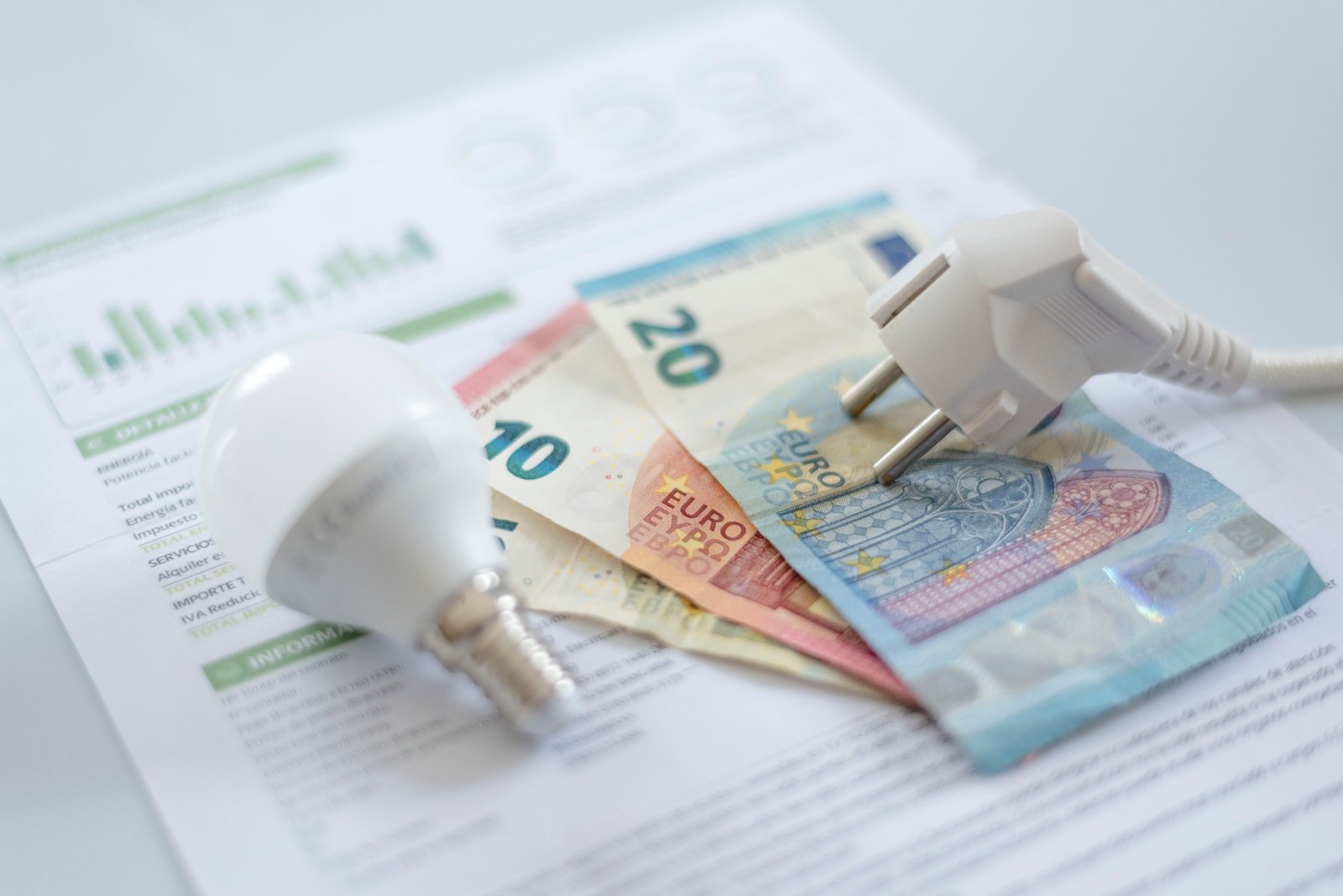 a white electric cap, a light bulb and euro banknotes on an electric bill.